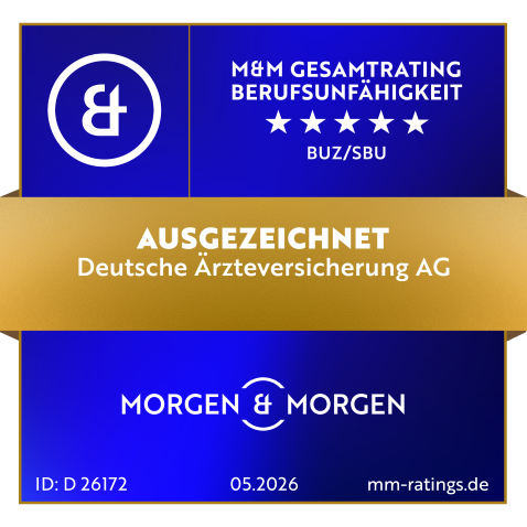 Siegel Morgen und Morgen, links M+M Rating, Berufsunfähigkeit, rechts 5 Sterne, Ausgezeichnet, Gesamtrating, Deutsche Ärzteversicherung AG BUZ/SBU