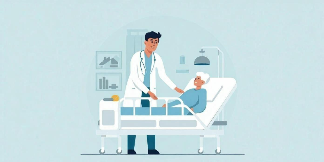 Illustration: Eine alte Frau liegt in einem Pflegebett. Daneben steht ein Arzt, der das Bettgitter hochzieht.