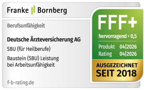 Siegel Franke und Bornberg, links untereinander : Berufsunfähigkeit, Deutsche Ärzteversicherung AG, SBU für Heilberufe, , Baustein (SBU) Leistung bei Arbeitsunfähigkeit, rechts untereinander : FFF+, hervorragend o,5, Produkt 12/2024, Rating 04/2025, Ausgezeichnet, seit 2018