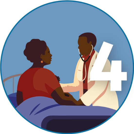 Illustration: Ein Arzt wendet sich einer Patientin zu, die im Bett liegt.