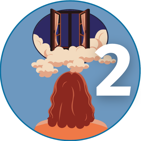 Illustration: Person mit längeren Haaren blickt in den Himmel. Dort ist ein Fenster und mehrere Wolken zu sehen