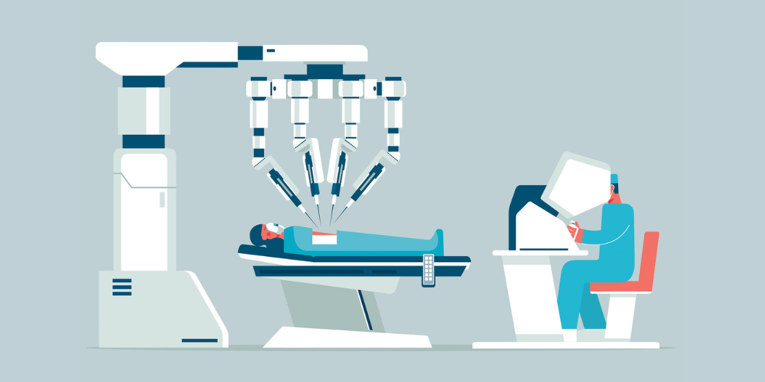 Illustration eines OP-Roboters. Eine Person liegt auf OP-Tisch, eine weitere Person steuert die OP-Roboter.