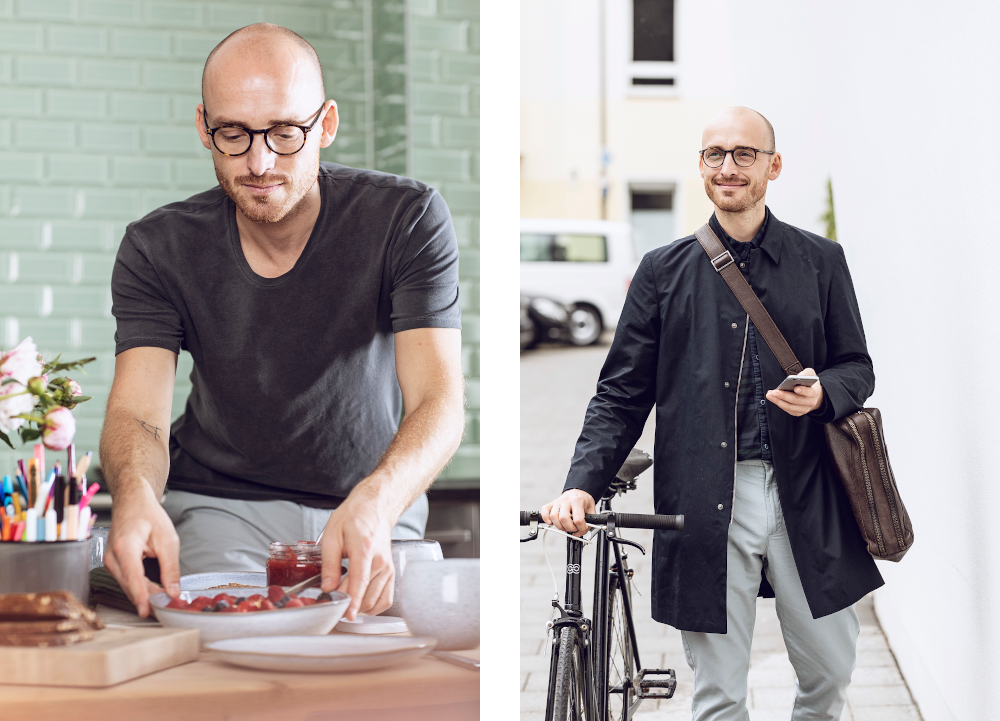 Zwei Bilder, auf denen derselbe junge Mann zu sehen ist. Ein Foto zeigt ihn, wie er in seiner Küche das Frühstück vorbereitet. Auf dem zweiten ist er auf der Straße zu sehen. Er lächelt, schiebt mit einer Hand sein Rennrad und hält in der anderen ein Smartphone. 